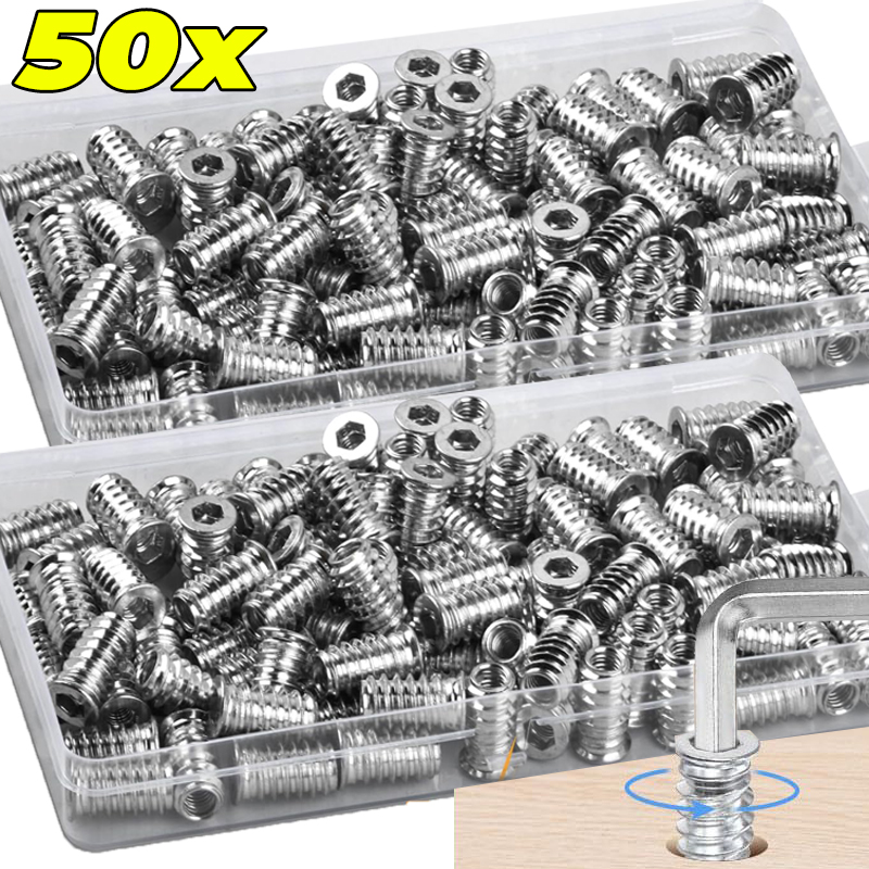 Furniture Hardware Threaded Inserts - 10/50x Sisipan Berulir Mur Kayu Baja